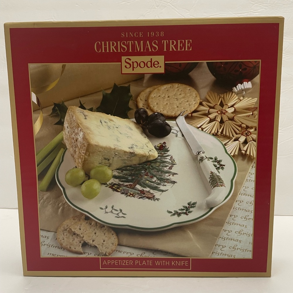 Spode Christmas Tree appetizer plate with knife.